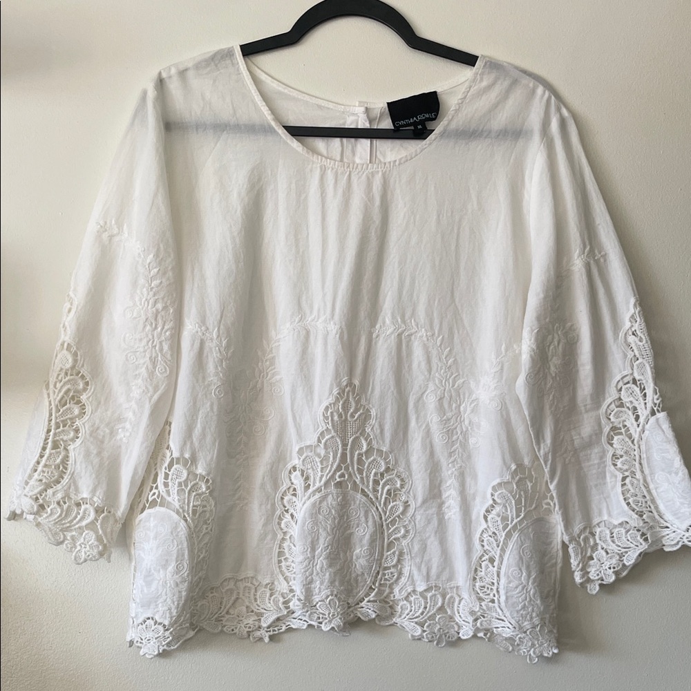 Cynthia Rowley White Eyelet Embroidered Peasant Blouse